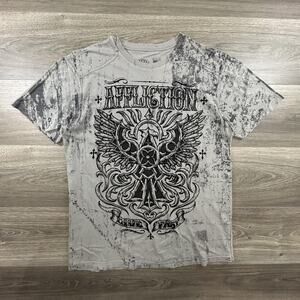 Affliction Shirt Mens Medium Gray Live Fast Graphic Eagle Skull Eagle Wings Tee